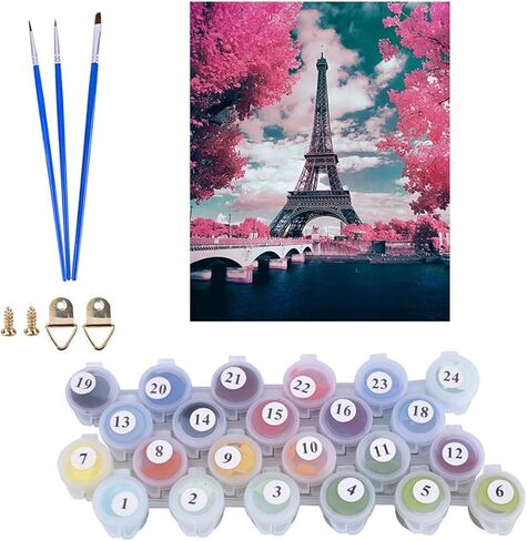 مجموعات الطلاء بالأرقام من Karyees Pink Paris طلاء على شكل قلعة DIY بالأرقام Pink Paris DIY قماش اللوحة بواسطة أرقام مجموعات الطلاء الأكريليك ديكور الحائط المنزلي الطلاء حسب الأرقام للبالغين والأطفال الوردي Paris16x20In in Kuwait