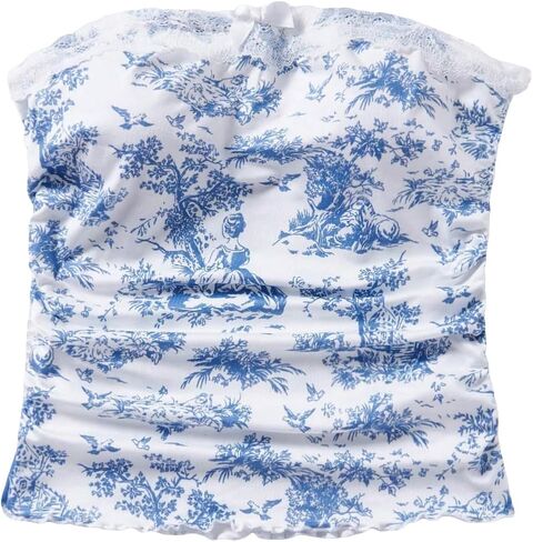 Floerns Women's Allover Print Lace Trim Bowknot Strapless Bandeau Ruched Crop Tube Top in Saudi Arabia