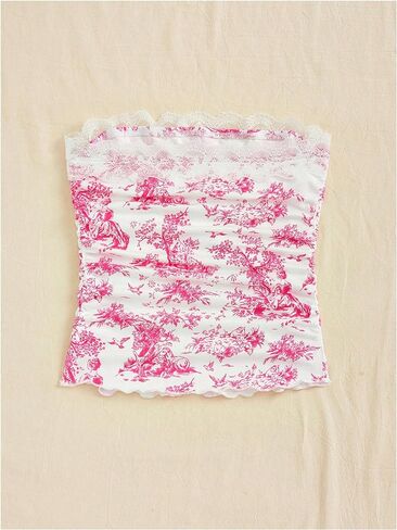 Floerns Women's Allover Print Lace Trim Bowknot Strapless Bandeau Ruched Crop Tube Top in Saudi Arabia
