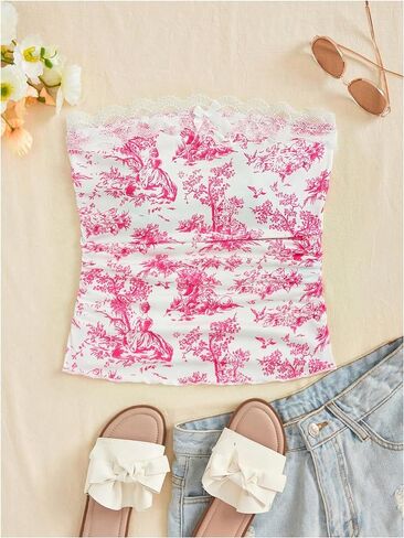Floerns Women's Allover Print Lace Trim Bowknot Strapless Bandeau Ruched Crop Tube Top in Saudi Arabia
