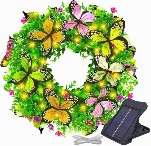 اكاليل الصيف للباب الأمامي مع أضواء الشمسية، 18in اكاليل الزهور الربيع أضواء مع الزهور الاصطناعية والفراشات، مثالية لنافذة الحائط المنزل في الهواء الطلق الزفاف الذكرى السنوية ديكور مهرجان الصيف in Kuwait