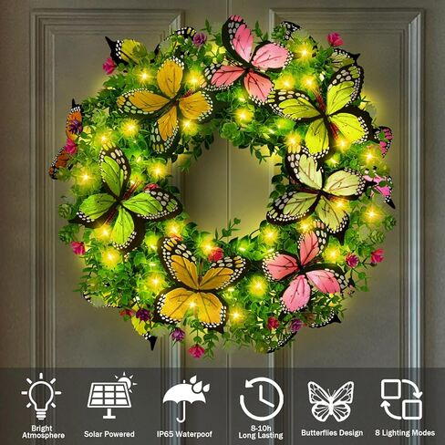 اكاليل الصيف للباب الأمامي مع أضواء الشمسية، 18in اكاليل الزهور الربيع أضواء مع الزهور الاصطناعية والفراشات، مثالية لنافذة الحائط المنزل في الهواء الطلق الزفاف الذكرى السنوية ديكور مهرجان الصيف in Kuwait