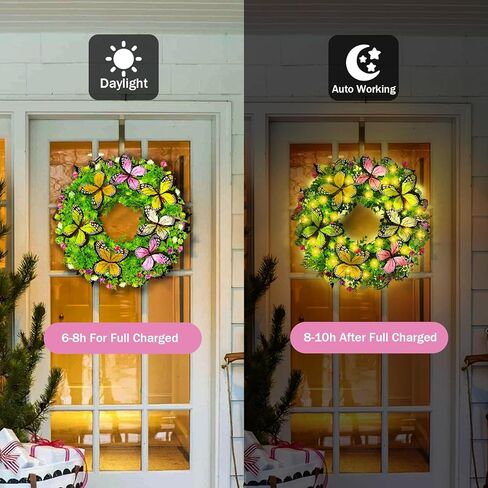 اكاليل الصيف للباب الأمامي مع أضواء الشمسية، 18in اكاليل الزهور الربيع أضواء مع الزهور الاصطناعية والفراشات، مثالية لنافذة الحائط المنزل في الهواء الطلق الزفاف الذكرى السنوية ديكور مهرجان الصيف in Kuwait