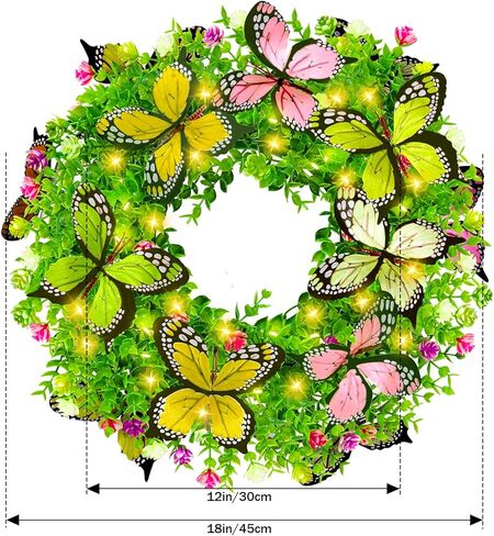 اكاليل الصيف للباب الأمامي مع أضواء الشمسية، 18in اكاليل الزهور الربيع أضواء مع الزهور الاصطناعية والفراشات، مثالية لنافذة الحائط المنزل في الهواء الطلق الزفاف الذكرى السنوية ديكور مهرجان الصيف in Kuwait