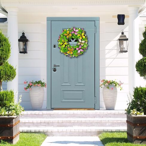 اكاليل الصيف للباب الأمامي مع أضواء الشمسية، 18in اكاليل الزهور الربيع أضواء مع الزهور الاصطناعية والفراشات، مثالية لنافذة الحائط المنزل في الهواء الطلق الزفاف الذكرى السنوية ديكور مهرجان الصيف in Kuwait