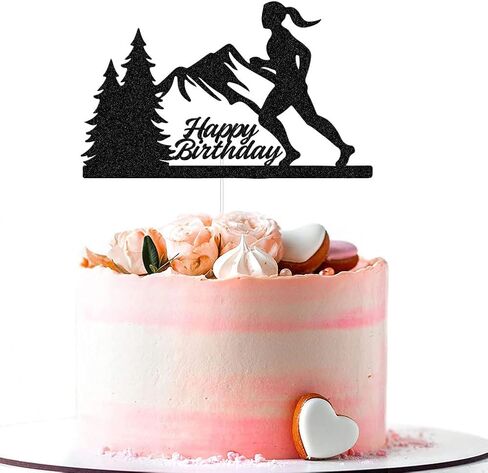 أنثى الجري عيد ميلاد سعيد كعكة توبر، الفتيات النساء عداءات الماراثون رياضيات الرياضة تحت عنوان إمدادات حفلة عيد ميلاد الديكور، أسود بريق in Kuwait