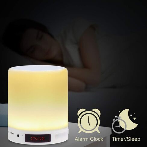 مصباح طاولة بجانب السرير ومصباح مكتب AVLT - ضوء ليلي بمستشعر يعمل باللمس - مكبر صوت بلوتوث لاسلكي محمول - مؤقت نوم للموسيقى والضوء - وقت تشغيل ممتد 12 ساعة - ساعة منبه - أبيض in Kuwait