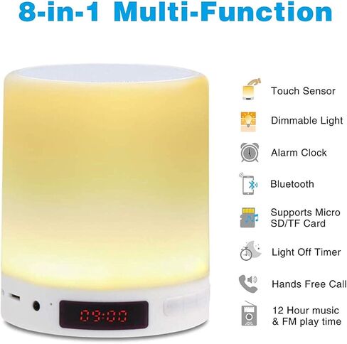 مصباح طاولة بجانب السرير ومصباح مكتب AVLT - ضوء ليلي بمستشعر يعمل باللمس - مكبر صوت بلوتوث لاسلكي محمول - مؤقت نوم للموسيقى والضوء - وقت تشغيل ممتد 12 ساعة - ساعة منبه - أبيض in Kuwait