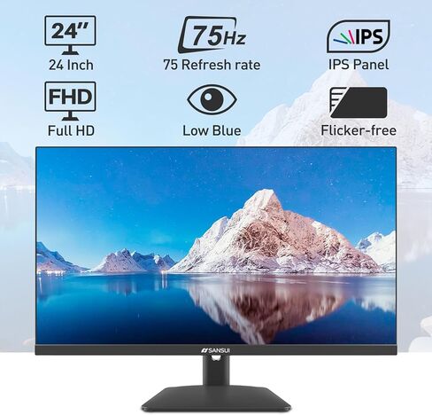 شاشة كمبيوتر SANSUI مقاس 24 بوصة IPS FHD1080P مع مكبرات صوت مدمجة ومنافذ HDMI وVGA وDP مع زاوية عرض 178 درجة/إطار أقل/إمالة/VESA متوافقة مع المكتب المنزلي (يتضمن كابل HDMI ES-24X5A) in Kuwait