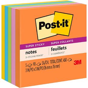 Post-it Super Sticky Notes, 3x3 in, 5 Pads, 2x the Sticking Power, Energy Boost Collection, Bright Colors, Recyclable (654-5SSUC)