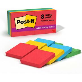 Post-it Super Sticky Notes, 8 Sticky Note Pads, 1.875 x 1.875 in., Back to School Supplies for Students, Ideal for Textbooks, Notebooks, and Vertical Surfaces, Playful Primaries Collection
