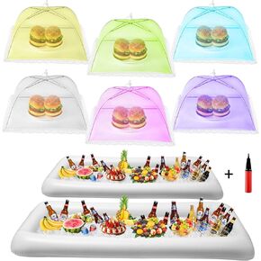 HBlife Inflatable Serving Bar & Food Umbrella Mesh Cover Screen Tent Set, Party Supplies Set for Picnics Pool Bar Outside, 2 Inflatable Tray, 6 Food Tents/Food Covers for Outdoors (White)