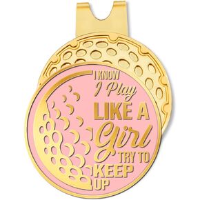I Know I Play Like A Girl Try to Keep Up Pink Gold Golf Ball Marker with Hat Clip, Funny Golf Accessories and Golf Gifts for Women Her Wife Daughter, Birthday Gifts for Golfer Golf Lovers