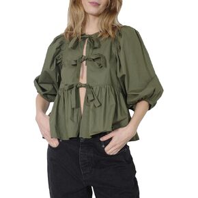 Women Y2k Peplum Shirt Puff Sleeve Tie Front Ruffle Hem Blouse Teen Girls Lace up Cute Babydoll Shirt Y2k Tops