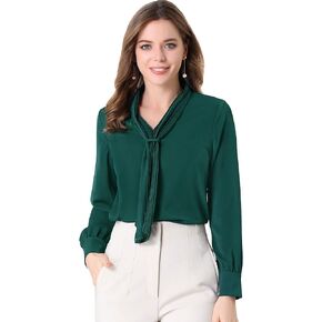 Allegra K Women's Long Sleeve Blouses Chiffon Pleated Tie Neck Office Top Shirt