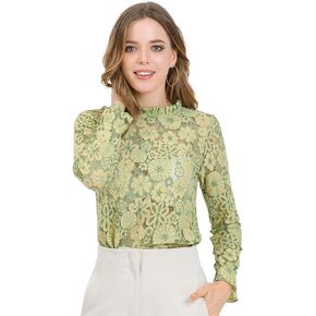 Allegra K Women's Elegant See Through Top Ruffle Frill Neck Long Sleeve Floral Lace Blouse