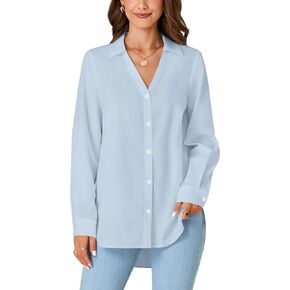 LYANER Women's Collar V Neck Button Down Long Sleeve Casual Work Office Blouse Shirts Top