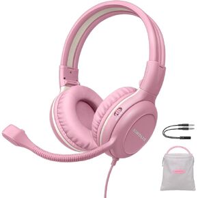 SIMOLIO Kids-Headphones with Microphone for School, 75/85/94 dB Wired Headphones with Boom Mic for iPad, PC, Laptop, Gaming, On Ear Pink Stereo Corded Headsets for Girls, Children, Teens, Students