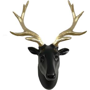 changqing Deer Head Wall Decor Frosting Black Faux Resin Animal Head with Gold Antlers for Wall Mount Decoration Christmas Decoration Christmas Gift, Size 10" x 5" x 12" in Kuwait