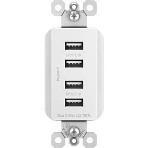 شاحن Legrand Radiant TM8USB4WCC6 Decorator Outlet Quad USB، محطة شحن متعددة المنافذ بقدرة 4.2 أمبير، أبيض (عدد واحد)