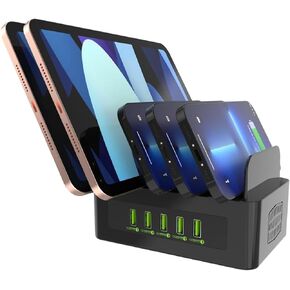 Multi Fast Charging Station,with 5 USB QC 3.0 Port,5V3A 12V1.5A（18W） 5-Port USB Charger for Multiple Device with SmartIC Tech Stand Compatible with iPad, Tablet, Kindle, Charging 5 iPads