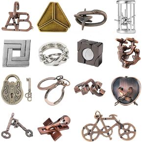 15 pcs IQ Test Puzzle Brain Teaser Metal Wire Puzzles Mind Game Educational Toys Disentanglement Unlock Interlock Game Magics Trick Toy for Party Favor Kids Adults Challenge Interlock Game