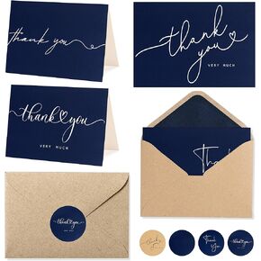40 Bulk Navy Thank You Cards with Kraft Envelopes Matt 4 x 6 in with stickers - 4 Minimalistic Designs Blank Thank You Notes with Envelopes for business Wedding Bridal Baby Shower Business Graduation