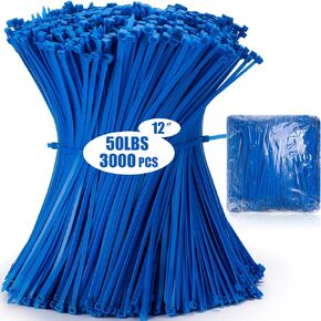 3000 Pieces Cable Zip Ties Bulk Heavy Duty Cable Ties Nylon Tie Wraps Self Locking Wire Ties for Plants Gardening Farming Grid Wall Fence Indoor and Outdoor(Blue, 12" (50lb))