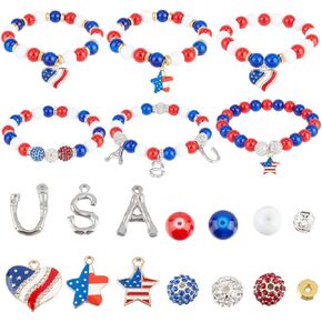 SUNNYCLUE 180Pcs DIY 6 Sets USA Bracelets American Flag Charms Beading Bracelet Making Kit 10mm Red Blue White Beads 4th of July Independence Day Rhinestone Patriotic Charms for Jewelry Making Kits