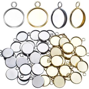 Pendant Trays,50 Pcs Stainless Steel Bezel Pendant Round Blank Trays Cabochon Settings Trays Pendant Blanks for Necklace Earring DIY Jewelry Making