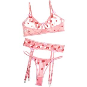 Women's Pink Sexy Sheer Underwire Lingerie 3 Piece,Embroidered Mesh See Through Lace Garter Blet Bra Panty Set