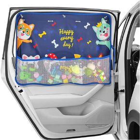 Car Window Shade for Baby, Blackout Car Window Curtain with Storage Pockets & 7 Suction Cups, Cartoon Pattern Car Side Window Sun Shade Cover for Sun/Heat/UV Rays Protection (Blue-Cute Dogs)