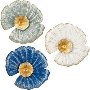 45" Large Metal Wall Art Decor, Floral Blue Wall Decor Art Wall Hanging Decorations for Home Office Dining Room Bedroom Kitchen Living Room, White and Gold Wall Sculptures Modern Accent, Long Iron Metal Art