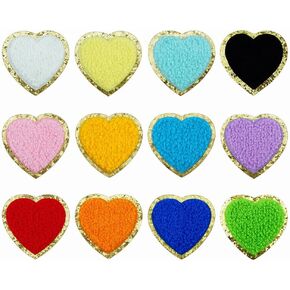 12 PCS Heart Colorful Patch Heart Iron On Chenille Heart Applique Gold Edges Embroidery Patches for DIY Clothes Decorative