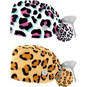 2 Packs Leopard Unisex Scrub Caps Surgical Women with Button Adjustable Hats Surgical Caps for Women