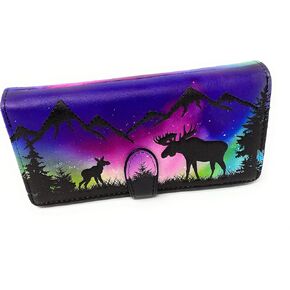 Shag Wear Moose Scene Aurora Borealis Large Animal Wallet for Women and Teen Girls Vegan Faux Leather 7"