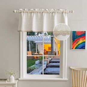 Beda Home-Tassel-Linen-Valance with-Embroidery-Border for-Farmhouses’ Kitchen-Light-Filtering-Rustic Short Topper for Small Windows Bedroom-Privacy Added-Rod-Pocket Design (Design 1, 52Wx18L - 1PC)