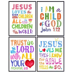 Religious Scripture Wall Art & Decor - Jesus Loves Me - Trust in the Lord With All Your Heart - Child of God Wall Decor - Catholic Christian Gifts for Women, Boys, Girls Bedroom, Kids - Bible Verses