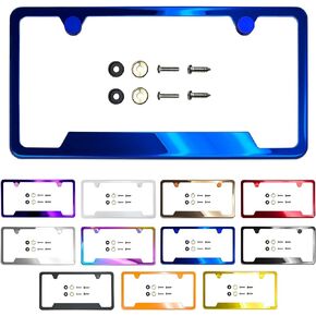 Bottom Corner Cut Out Version License Plate Frame Black Chrome Gun Metal Gray Electroplating Universal Fit Aluminum Screw On Cap Cover, T304 Stainless Steel, Rust Weather Proof (Qty: 1 Frame)