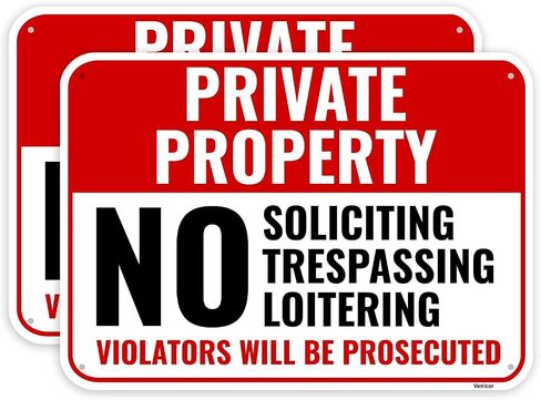 2PC Private Property No Soliciting Trespassing Loitering Sign, 14 x 10 Inches - Aluminum - No Tresspassing Metal Sign for Business in Saudi Arabia