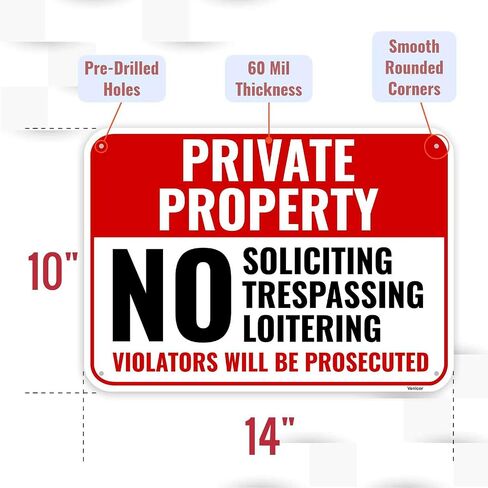 2PC Private Property No Soliciting Trespassing Loitering Sign, 14 x 10 Inches - Aluminum - No Tresspassing Metal Sign for Business in Saudi Arabia