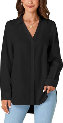 LYANER Women's Collar V Neck Button Down Long Sleeve Casual Work Office Blouse Shirts Top in Saudi Arabia