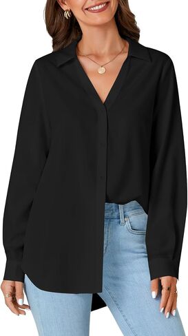 LYANER Women's Collar V Neck Button Down Long Sleeve Casual Work Office Blouse Shirts Top in Saudi Arabia