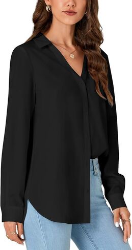 LYANER Women's Collar V Neck Button Down Long Sleeve Casual Work Office Blouse Shirts Top in Saudi Arabia