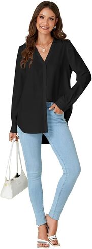 LYANER Women's Collar V Neck Button Down Long Sleeve Casual Work Office Blouse Shirts Top in Saudi Arabia