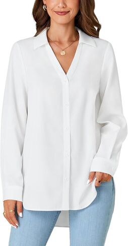 LYANER Women's Collar V Neck Button Down Long Sleeve Casual Work Office Blouse Shirts Top in Saudi Arabia