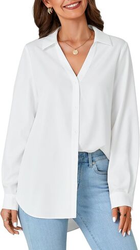 LYANER Women's Collar V Neck Button Down Long Sleeve Casual Work Office Blouse Shirts Top in Saudi Arabia