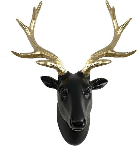 changqing Deer Head Wall Decor Frosting Black Faux Resin Animal Head with Gold Antlers for Wall Mount Decoration Christmas Decoration Christmas Gift, Size 10" x 5" x 12" in Saudi Arabia