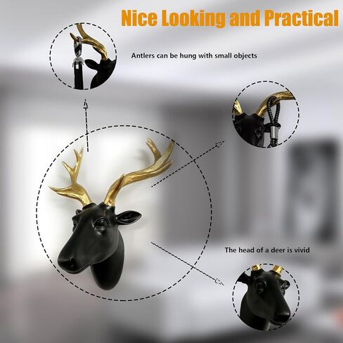 changqing Deer Head Wall Decor Frosting Black Faux Resin Animal Head with Gold Antlers for Wall Mount Decoration Christmas Decoration Christmas Gift, Size 10" x 5" x 12" in Saudi Arabia