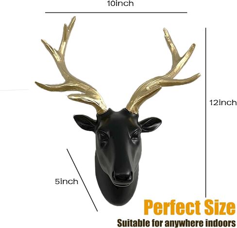 تشانغتشينغ الغزلان رئيس جدار ديكور صقيع الأسود الراتنج فو رأس الحيوان مع قرون الذهب للجدار جبل الديكور عيد الميلاد الديكور هدية عيد الميلاد، حجم 10 "× 5" × 12 " in Kuwait